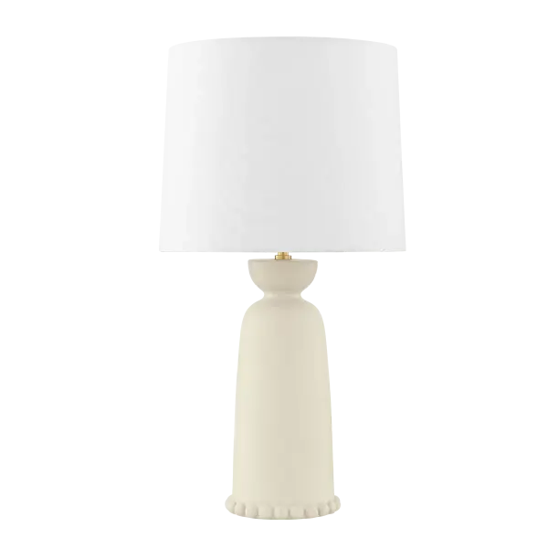 The Rhea Table Lamp brings refreshing retro charm with its antique ivory ceramic base and scalloped sphere accents. The aged brass details and white linen shade create a sophisticated yet approachable design perfect for traditional and transitional spaces.