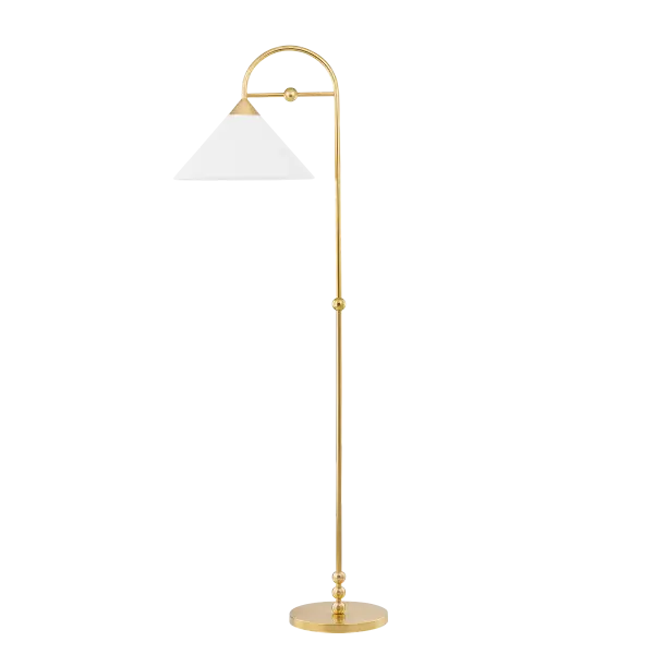 The Sang Floor Lamp brings jewelry-inspired elegance to any space with its geometric silhouette adorned with decorative spheres. Finished in warm Aged Brass with a white linen shade, this designer collaboration piece adds sculptural interest. - alternate view
