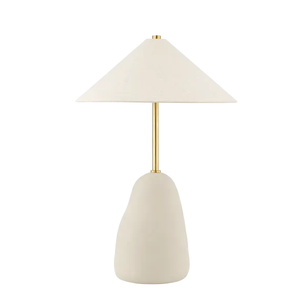 The Maia Table Lamp is a stunning fusion of cultural influences, featuring a mountain-inspired ceramic base and Korean roof-line shade. Its natural neutral palette with aged brass accents creates an intimate yet intriguing focal point.