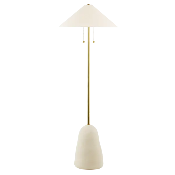 The Maia Floor Lamp is a stunning fusion of cultural influences, featuring a mountain-inspired ceramic base and angular Korean roof-style shade. Aged brass accents add warmth to this neutral, artisanal piece.