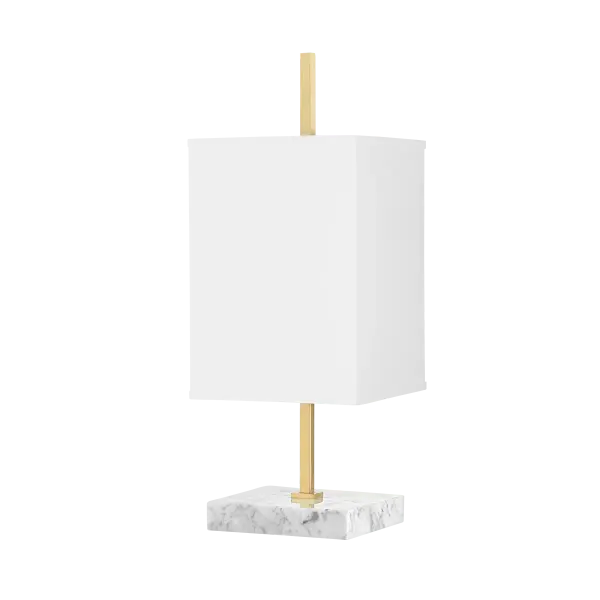 The Mikaela combines natural white marble with aged brass in a striking geometric design. The squared-off arm appears to pierce through the linen shade, creating visual drama while the marble base adds luxurious weight and warmth.