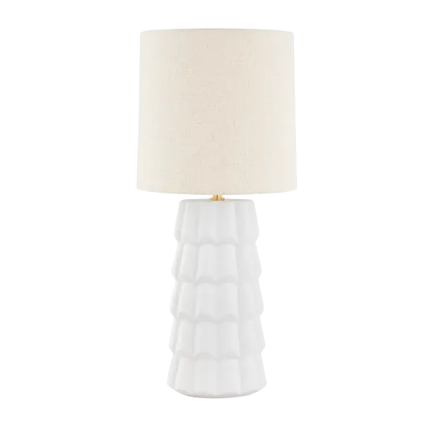 The Maisie Table Lamp brings fashionable coastal charm with its textured white ceramic ruffles and aged brass accents. Perfect for creating beautiful dresser vignettes or adding feminine flair to bathroom vanities.