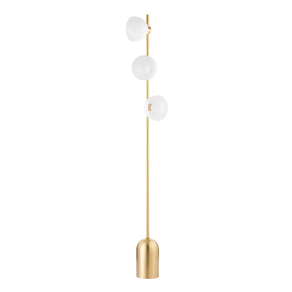The Belle Floor Lamp combines aged brass metalwork with glossy white globe shades for a bold, futuristic aesthetic. Its exposed bulb design and contrasting finishes create visual interest in modern spaces.