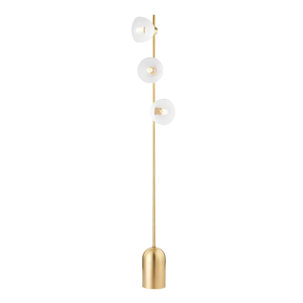 The Belle Floor Lamp combines aged brass metalwork with glossy white globe shades for a bold, futuristic aesthetic. Its exposed bulb design and contrasting finishes create visual interest in modern spaces. - alternate view