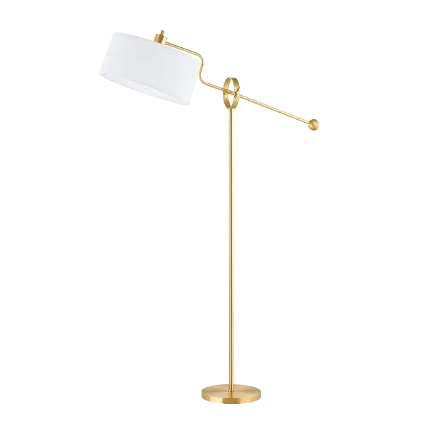 The Libby Floor Lamp combines form and function with its innovative height-adjustable hinge mechanism. The aged brass finish adds warmth and sophistication, while the crisp white drum shade provides focused task lighting.