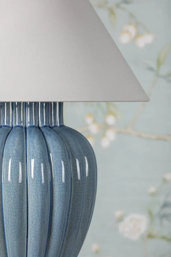 This stunning table lamp features crackled ceramic with dimensional blue glazing and classic fluted detailing. Part of the exclusive Ariel Okin x Mitzi collaboration, it combines timeless silhouette with contemporary texture. - alternate view