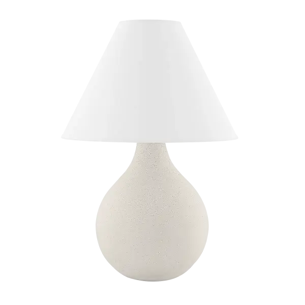 Helena brings sophisticated neutrals to any space with its pear-shaped ceramic base and classic tapered shade. The matte white finish with subtle black speckle adds organic texture while maintaining timeless appeal.