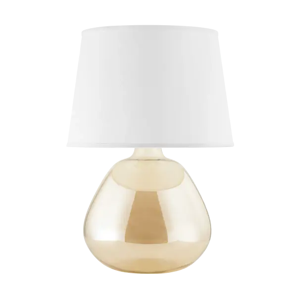 The Thea Table Lamp combines artisanal craftsmanship with contemporary elegance. Its unique luster finish and plated champagne amber glass create a warm, sophisticated ambiance, while the French-wired detail and linen drum shade add refined touches.