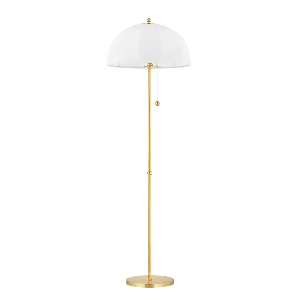 The Meshelle Floor Lamp brings playful mid-century charm with its distinctive umbrella-shaped shade. Light flows through and around the shade creating ambient glow, while aged brass finials and chain details add refined sophistication.