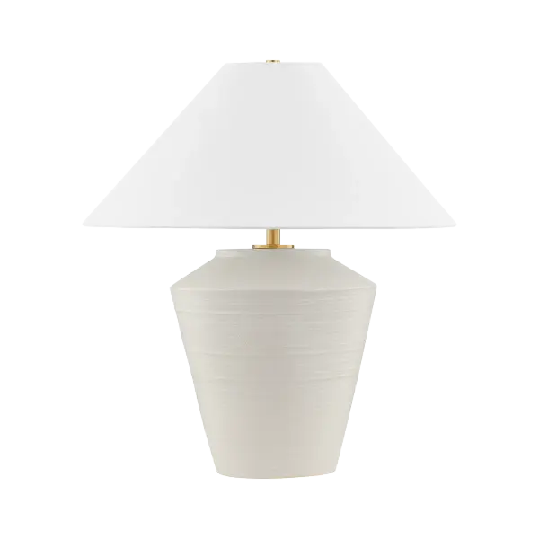 The Rachie Table Lamp brings calm, organic beauty to any space with its whitewashed terracotta body and aged brass accents. The angular white linen shade provides clean contrast to the textural base, creating a sophisticated blend of natural and refined elements.