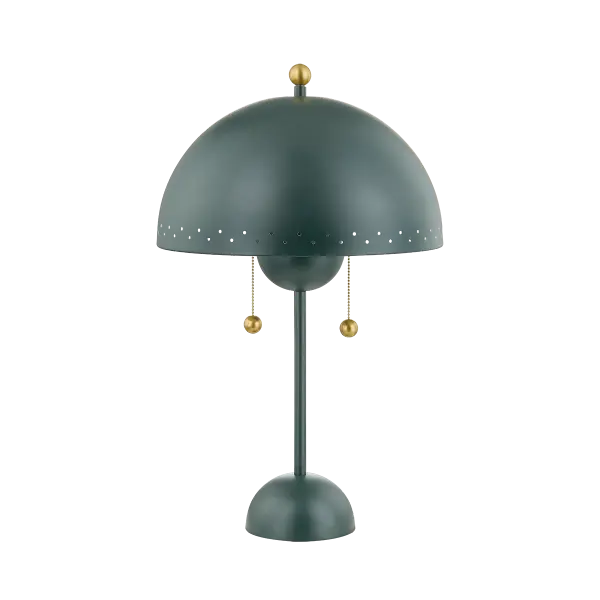 The Jojo Table Lamp brings midcentury charm with its dome-shaped perforated shade in moody sage green and aged brass accents. Part of the Zoe Feldman collection, it serves as both functional lighting and sculptural accent piece.