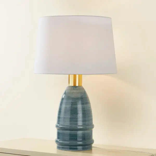 Artisanal Blue Ceramic Lamp with Warm Brass Accents - Image 2