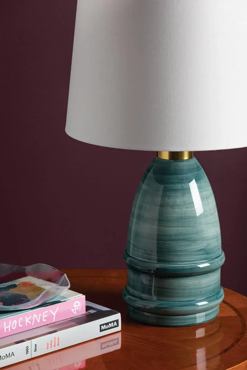 Artisanal Blue Ceramic Lamp with Warm Brass Accents - Image 5