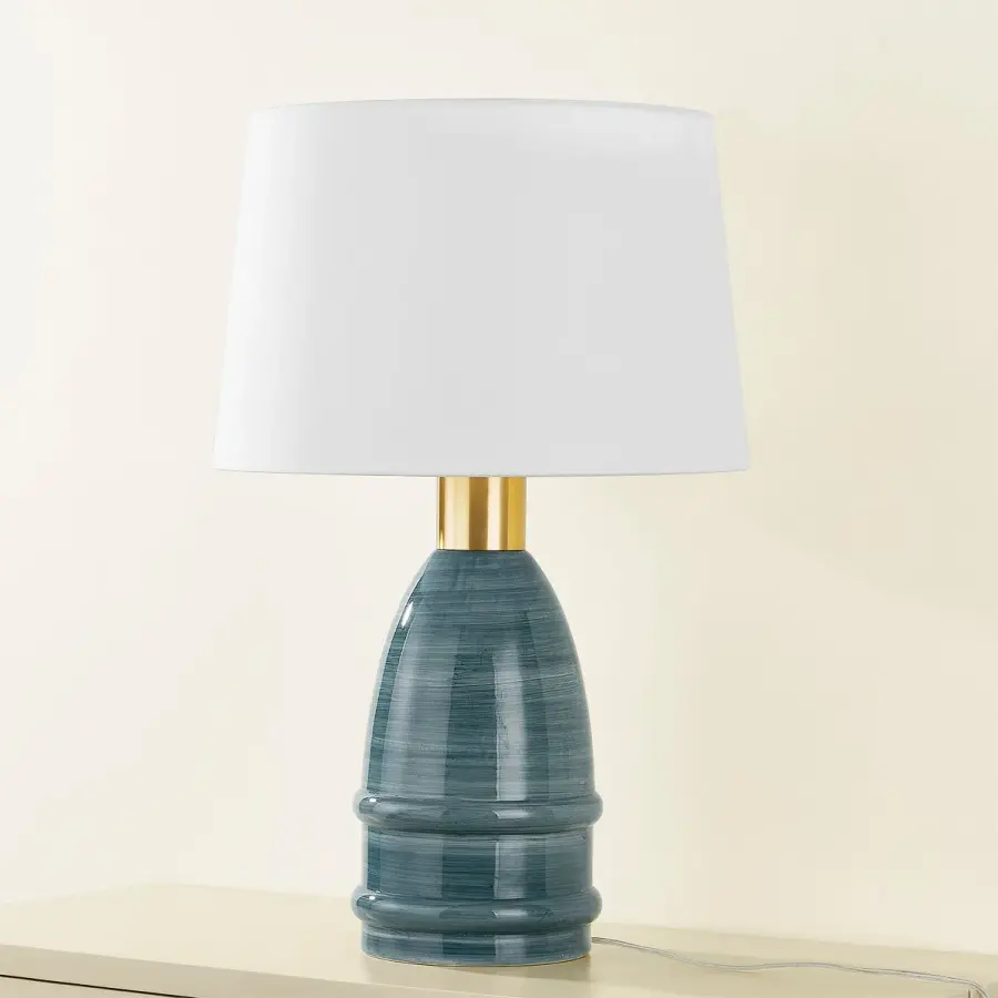 Artisanal Blue Ceramic Lamp with Warm Brass Accents - Image 7