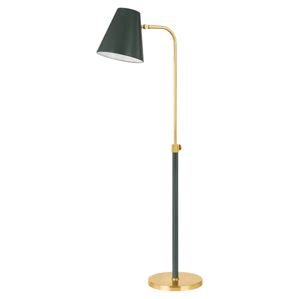 The Georgann Floor Lamp blends traditional aesthetics with a modern color twist. Featuring clean lines, tapered fabric shades, and gently curved arms in aged brass, it's elevated by a moody sage green finish that adds personality.