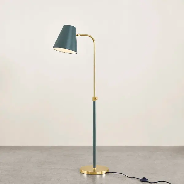 The Georgann Floor Lamp blends traditional aesthetics with a modern color twist. Featuring clean lines, tapered fabric shades, and gently curved arms in aged brass, it's elevated by a moody sage green finish that adds personality. - alternate view
