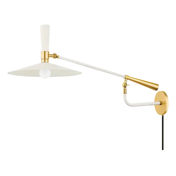 The Milena brings bold mid-century style with oversized reflector shades that pivot for customized light direction. Part of the Tali Roth x Mitzi collaboration, this plug-in sconce combines futuristic aesthetics with functional flexibility.