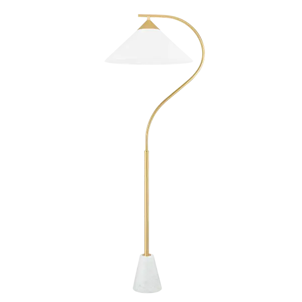 The Bianca floor lamp transforms lighting into art with its gestural frame and honed Carrara marble base. The striking balance between substantial marble and delicate linen creates visual poetry, while aged brass adds warmth. - alternate view