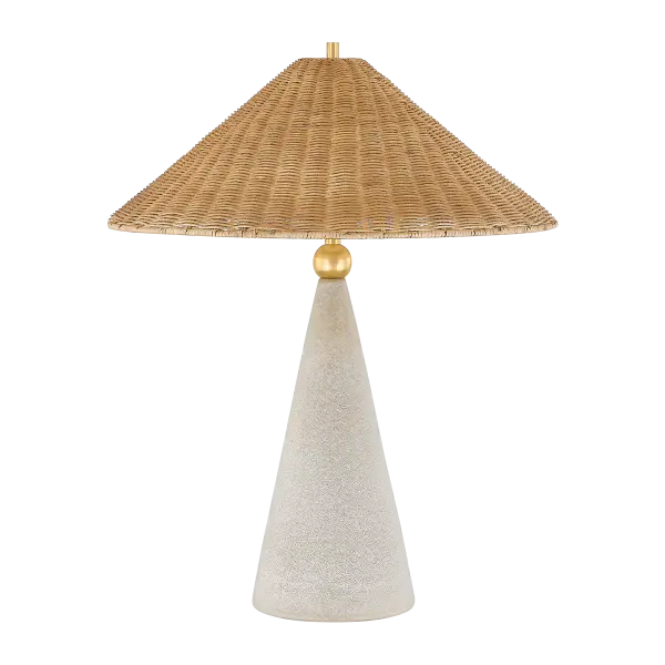 The Perilla Table Lamp blends geometric forms with organic materials, featuring a textural wicker rattan shade and aged brass frame. Part of the Dabito x Mitzi collaboration, it brings artisanal warmth to modern interiors.