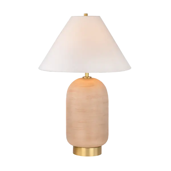 The Raven Table Lamp showcases exceptional Indian craftsmanship with its handcut light pink glass base featuring intricate gridded patterns. The pill-shaped base paired with a large conical linen shade creates sophisticated geometric balance.