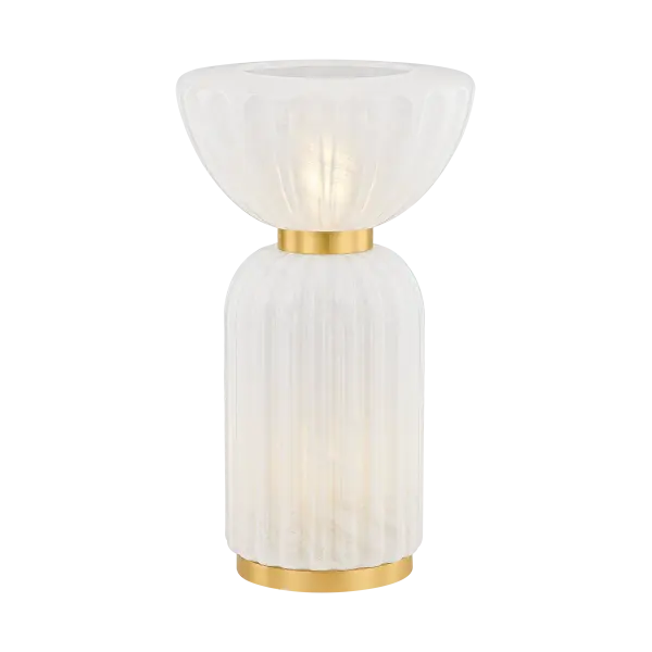 The Cordelia Table Lamp blends updated neoclassical design with contemporary flair. Its fluted column base and cloud glass create an enchanting all-over glow, while Aged Brass cuffs add vintage sophistication.
