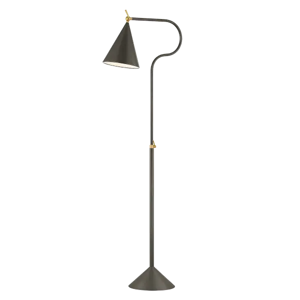 The Harriet Floor Lamp combines geometric shapes with mixed metals for a sophisticated modern aesthetic. Its telescoping neck with swivel adjustments offers customizable height and direction, making it ideal for task lighting.