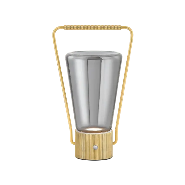 The Booker rechargeable table lamp reimagines the classic lantern with a modern twist. Its petite size, smoke glass shade, and aged brass frame create a moody aesthetic perfect for smaller spaces. The tactile handle makes it easy to move.
