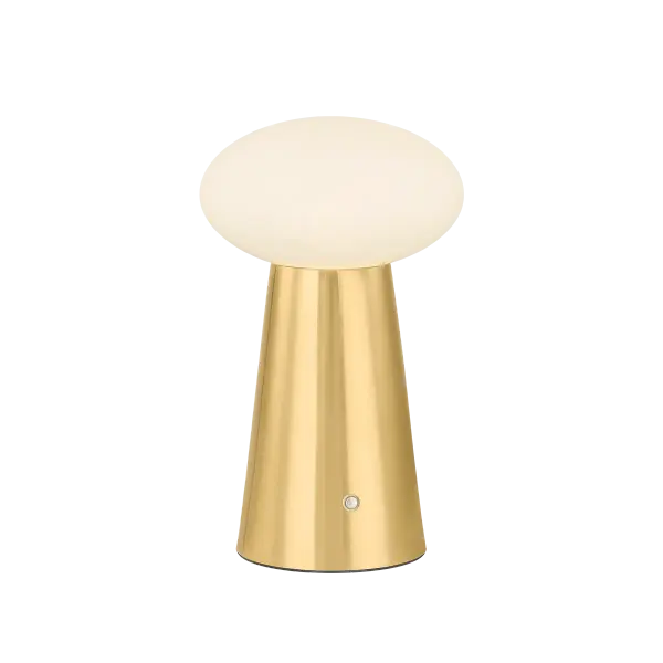 The Cashel brings modern sophistication to small spaces with its distinctive cloud glass shade and aged brass base. At just 10 inches tall, this rechargeable lamp delivers portability and style for desks and nightstands.