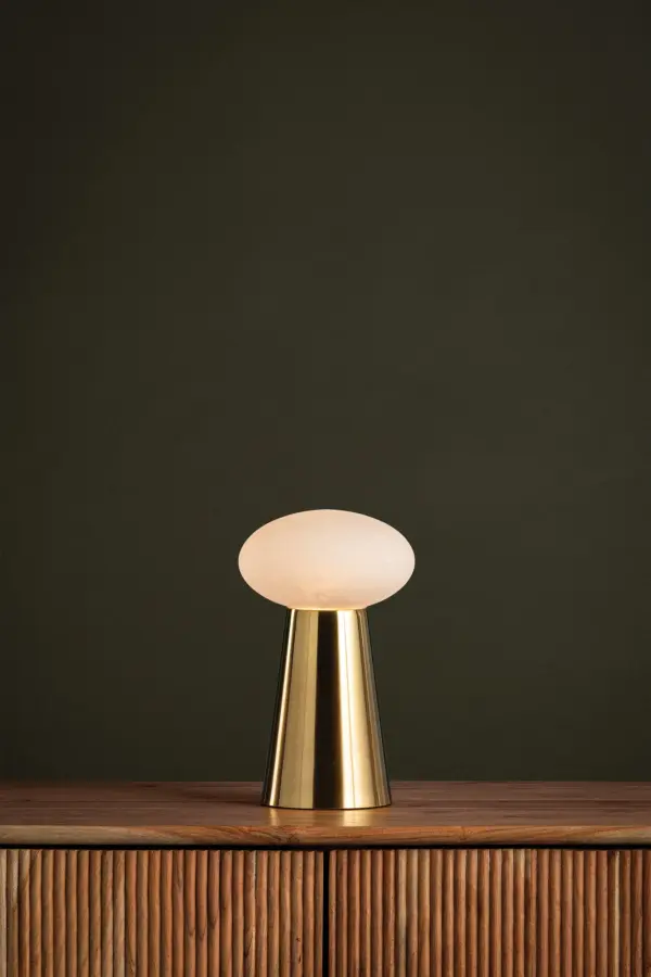 The Cashel brings modern sophistication to small spaces with its distinctive cloud glass shade and aged brass base. At just 10 inches tall, this rechargeable lamp delivers portability and style for desks and nightstands. - alternate view