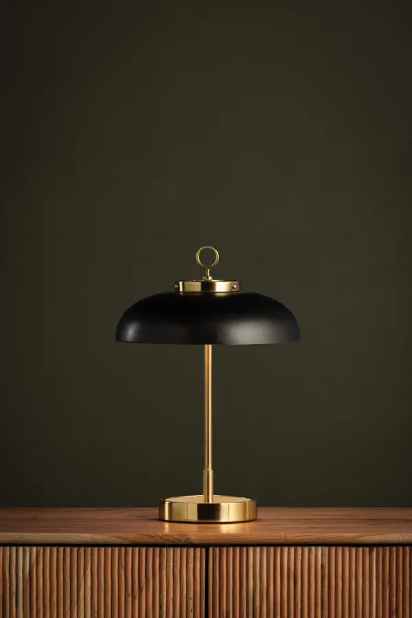 The Hector combines antique charm with modern convenience in a rechargeable table lamp. Its contrasting Aged Brass and Dark Bronze finishes create a sophisticated vintage aesthetic, while the adjustable loop detail offers practical functionality. - alternate view
