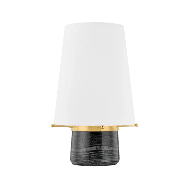 Central Valley combines architectural elegance with modern functionality. The dark-honed Nero Madera marble base provides substantial weight and luxury, while distinctive brass spokes create jewelry-like detail. Rechargeable design eliminates cords for flexible placement.