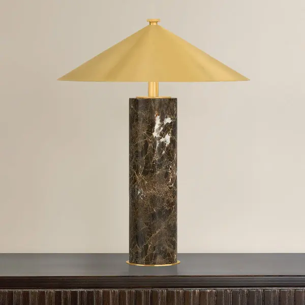 The Permont combines sophisticated design with modern convenience. Its tapered Aged Brass shade and honed Emperador marble base create a luxurious statement piece that's both portable and practical for any refined space. - alternate view