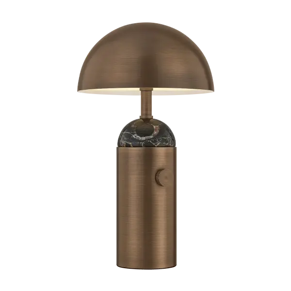 The Parkston combines mid-century modern brass styling with honed nero madera marble featuring unique white and brown veining. At 14" tall, this rechargeable accent lamp delivers sophisticated style to compact spaces.