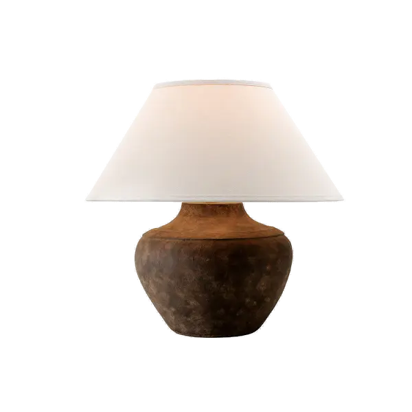 The Calabria Table Lamp brings sun-soaked Mediterranean elegance to any space with its earthy textural finish and curvy silhouette. The large conical linen shade complements the rustic ceramic base, creating organic warmth perfect for layered lighting designs.