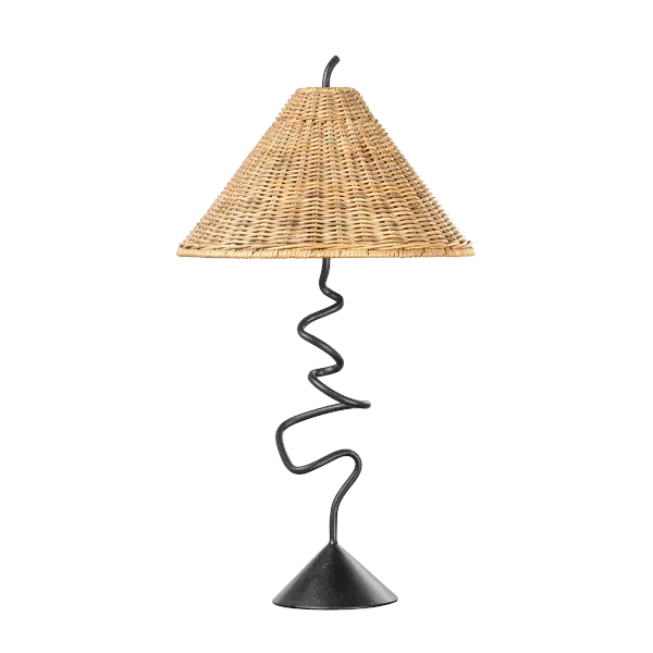 The Alaric Table Lamp combines forged iron craftsmanship with natural rattan in a playful yet sophisticated sculptural form. Its twisted stem creates visual interest while the tapered shade provides warm, diffused lighting.