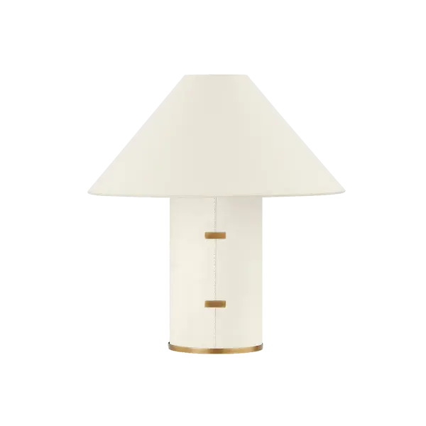 The Bond Table Lamp combines natural parchment wrapping with sophisticated brass accents for a relaxed yet elevated aesthetic. Its stitch detailing and clasp-like hardware add artisanal character while the tapered shade creates warm, ambient lighting.