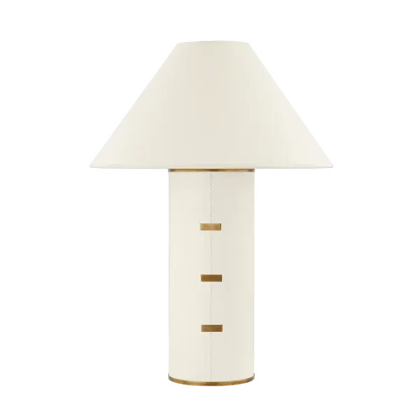 Bond Table Lamp combines natural parchment wrapping with sophisticated brass accents for a relaxed yet elevated aesthetic. The stitch detailing and clasp-like hardware add artisanal charm while the tapered shade creates warm, ambient lighting.