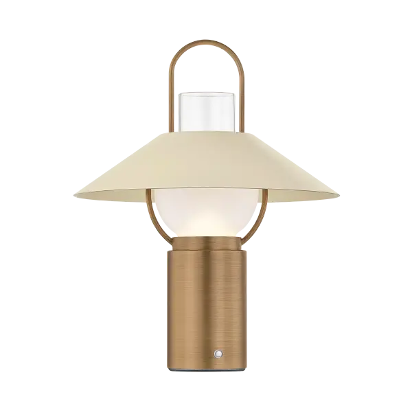 The Kindle combines vintage-inspired design with modern portability. At 14.5" high with a convenient carry handle, this rechargeable lamp moves effortlessly indoors and out. The tapered Soft Sand shade and Patina Brass finish create warmth.