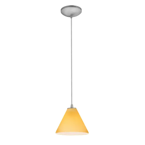 The Martini LED Pendant combines sleek brushed steel with warm amber glass in a compact 6.5" profile. Energy-efficient integrated LED provides maintenance-free illumination perfect for task lighting or accent applications.