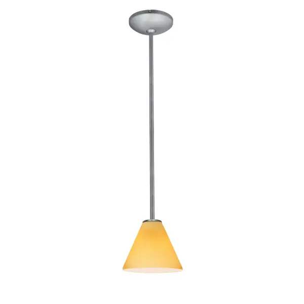 The Martini LED Pendant combines energy-efficient integrated LED technology with a sleek brushed steel finish and warm amber glass shade. Its compact 6.5-inch profile makes it ideal for task lighting.