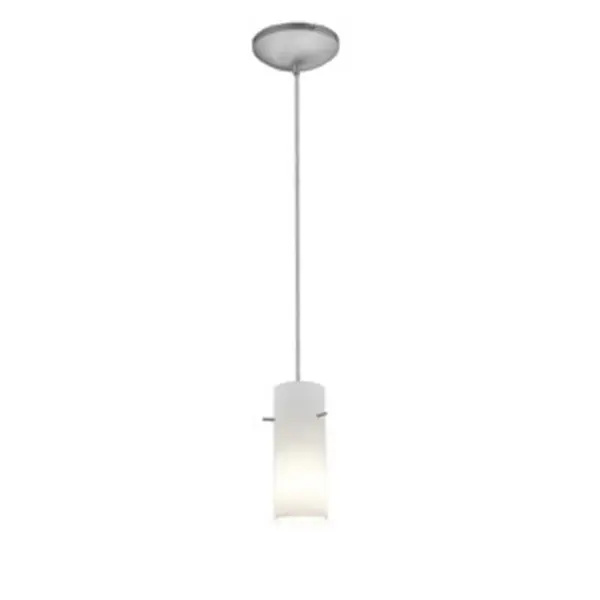 A compact single-light pendant featuring a sleek cylindrical opal glass shade and brushed steel finish. Perfect for task lighting over kitchen islands, bathroom vanities, or as accent lighting in hallways and small spaces.