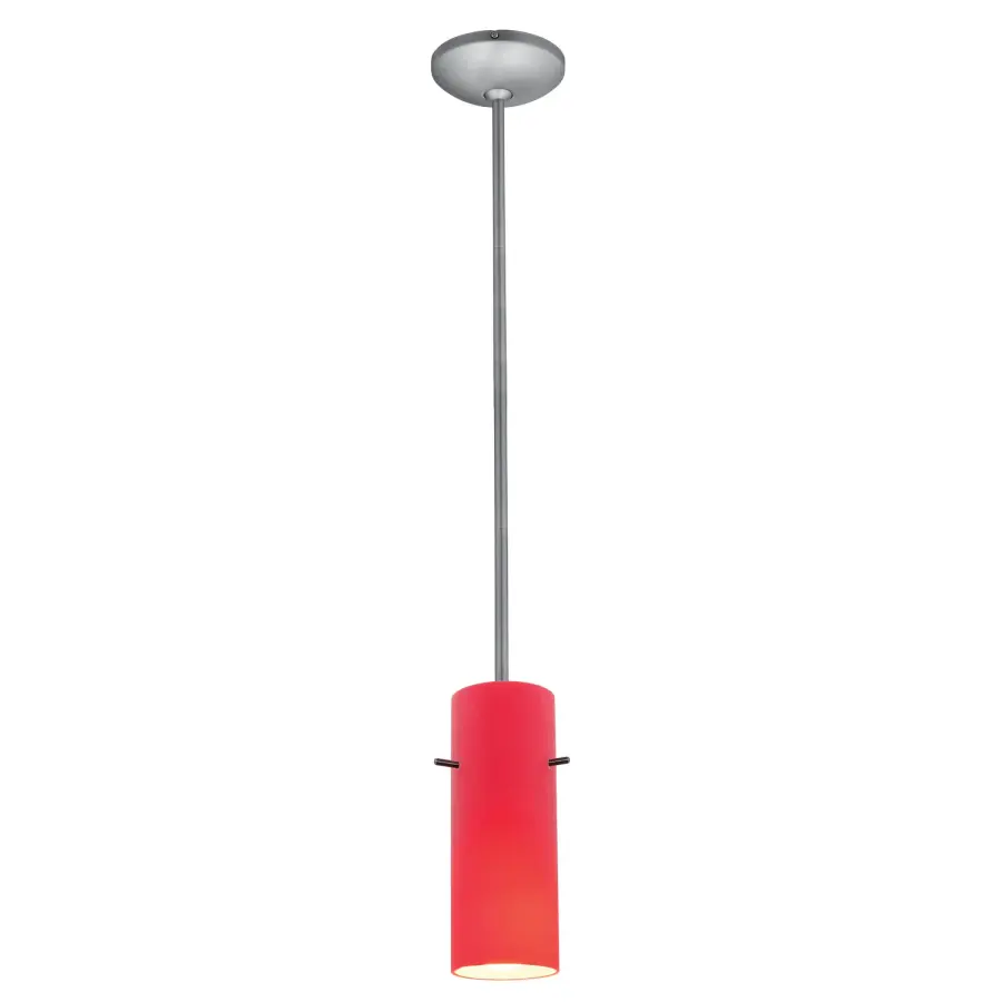Cylinder LED Pendant in Brushed Steel with Red Shade
