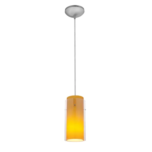 This contemporary pendant features a distinctive double-glass cylinder design with integrated LED lighting. The brushed steel finish adds modern sophistication while the compact 10-inch height makes it ideal for smaller spaces.