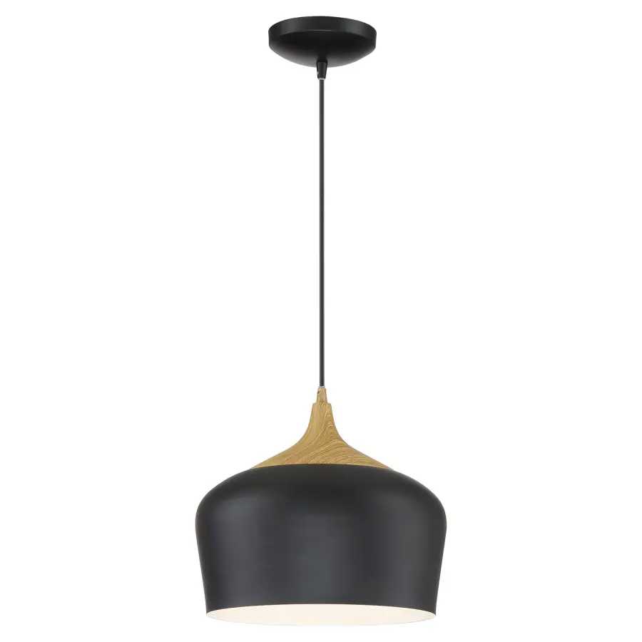 Compact Contemporary Pendant Blending Black Metal & Natural Wood Grain
