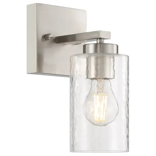 Collection: Ellie Finish: Brushed Steel Glass: Clear Width: 4.75" Height: 9.50" Extension from Wall: 6.75" Canopy: .75"x4.74"x4.75" Number of Bulbs: 1 Maximum Wattage: 60.00 W Bulb Type: A19 Bulb Base: E26 Light Source: INC Voltage: 120.00 V Material: Steel Safety Listing: ETL Safety Rating: Damp