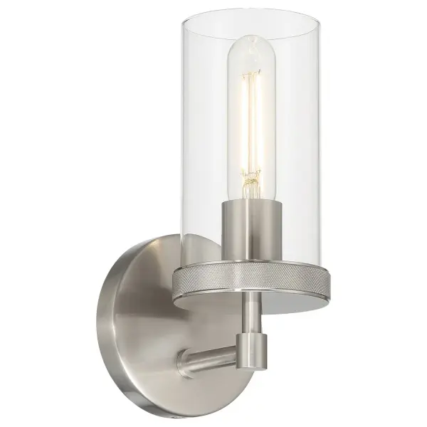 Collection: Lily Finish: Brushed Steel Glass: Clear Width: 4.75" Height: 9.75" Extension from Wall: 5.25" Canopy: 4.75" Number of Bulbs: 1 Maximum Wattage: 60.00 W Bulb Type: A19 Bulb Base: E26 Light Source: INC Voltage: 120.00 V Material: Steel Safety Listing: ETL Safety Rating: Damp