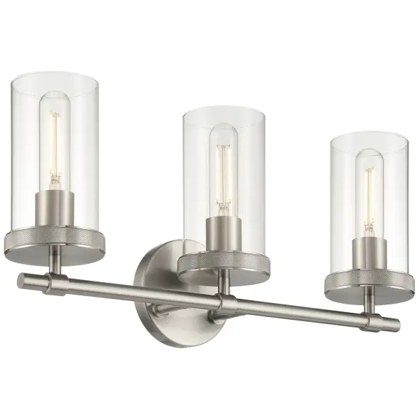 Collection: Lily Finish: Brushed Steel Glass: Clear Width: 20.00" Height: 9.75" Extension from Wall: 5.25" Canopy: 4.75" Number of Bulbs: 3 Maximum Wattage: 60.00 W Bulb Type: A19 Bulb Base: E26 Light Source: INC Voltage: 120.00 V Material: Steel Safety Listing: ETL Safety Rating: Damp