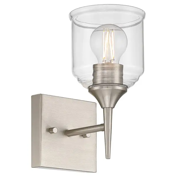 Collection: Beacon Finish: Brushed Steel Glass: Clear Width: 4.75" Height: 9.75" Extension from Wall: 6.00" Canopy: .75"x4.75"x4.75" Number of Bulbs: 1 Maximum Wattage: 60.00 W Bulb Type: A19 Bulb Base: E26 Light Source: INC Voltage: 120.00 V Material: Steel Safety Listing: ETL Safety Rating: Damp