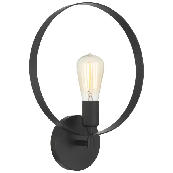 Collection: Hoop Finish: Matte Black Width: 12.00" Height: 15.00" Extension from Wall: 4.00" Canopy: 4.75"x1" Number of Bulbs: 1 Maximum Wattage: 60.00 W Bulb Type: ST19 Bulb Base: E26 Light Source: RLED Voltage: 120.00 V Material: Steel Safety Listing: UL Safety Rating: Damp LED