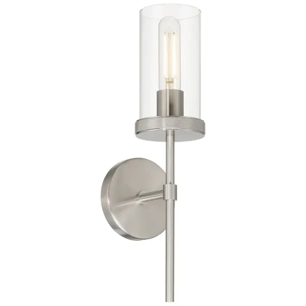 Collection: Lily Finish: Brushed Steel Glass: Clear Width: 4.75" Height: 16.50" Extension from Wall: 5.50" Canopy: 4.75" Number of Bulbs: 1 Maximum Wattage: 60.00 W Bulb Type: A19 Bulb Base: E26 Light Source: INC Voltage: 120.00 V Material: Steel Safety Listing: ETL Safety Rating: Damp